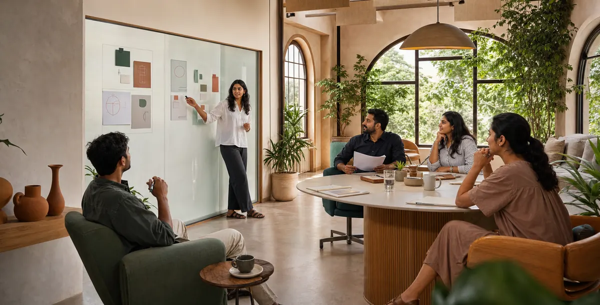 A team working through a design together: three at a round table, one in an armchair, and a fifth at a glass wall.